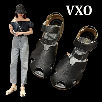 VXO buty Damskie Na Płaskiej Podeszwie Z Mielonej Ścięgna, Sandały Dla Dziewczynek, Retro-Sandały z Okrągłym Czubkiem